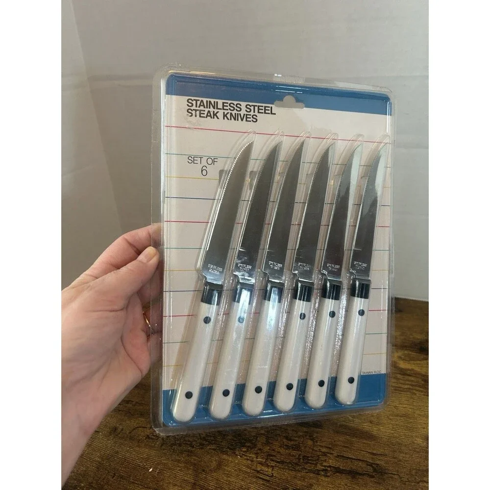 Vintage NOS Stainless Steel Steak Knife Set of 6 White Handles Taiwan ROC Sealed